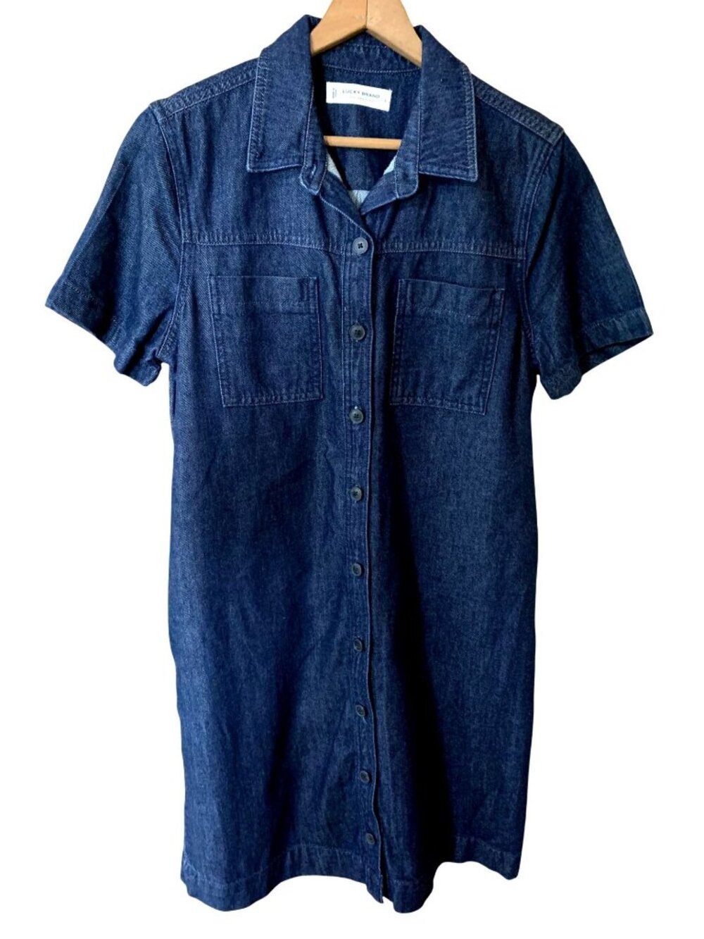 Lucky Brand S Denim Shirt Dress Cotton Modal Silk Button Front Short Sleeve